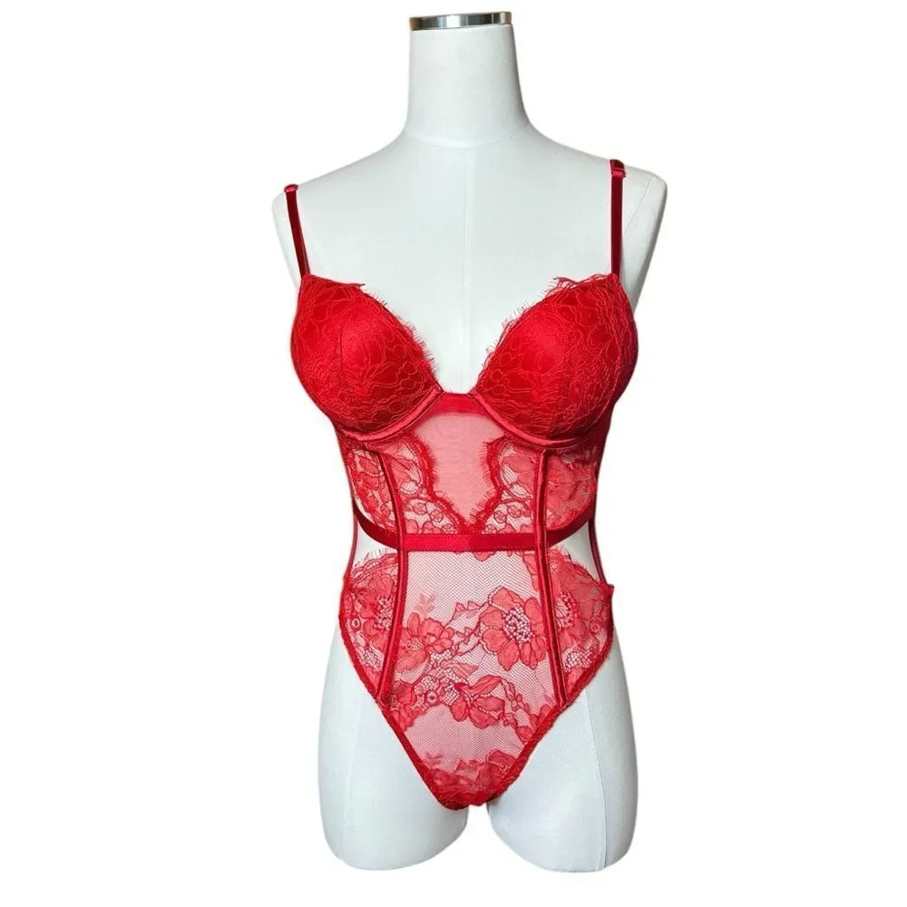 Victoria's Secret Red Bombshell Lace Teddy Lingerie Sexy Push Up Size Small NWT